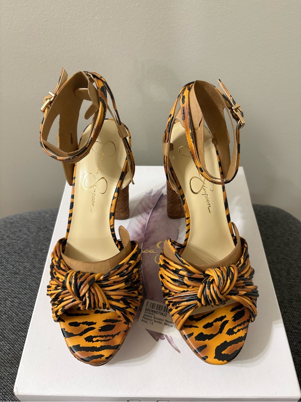 Jessica Simpson Tiger Print Knot Ankle-Strap Heels in Yellow and Black